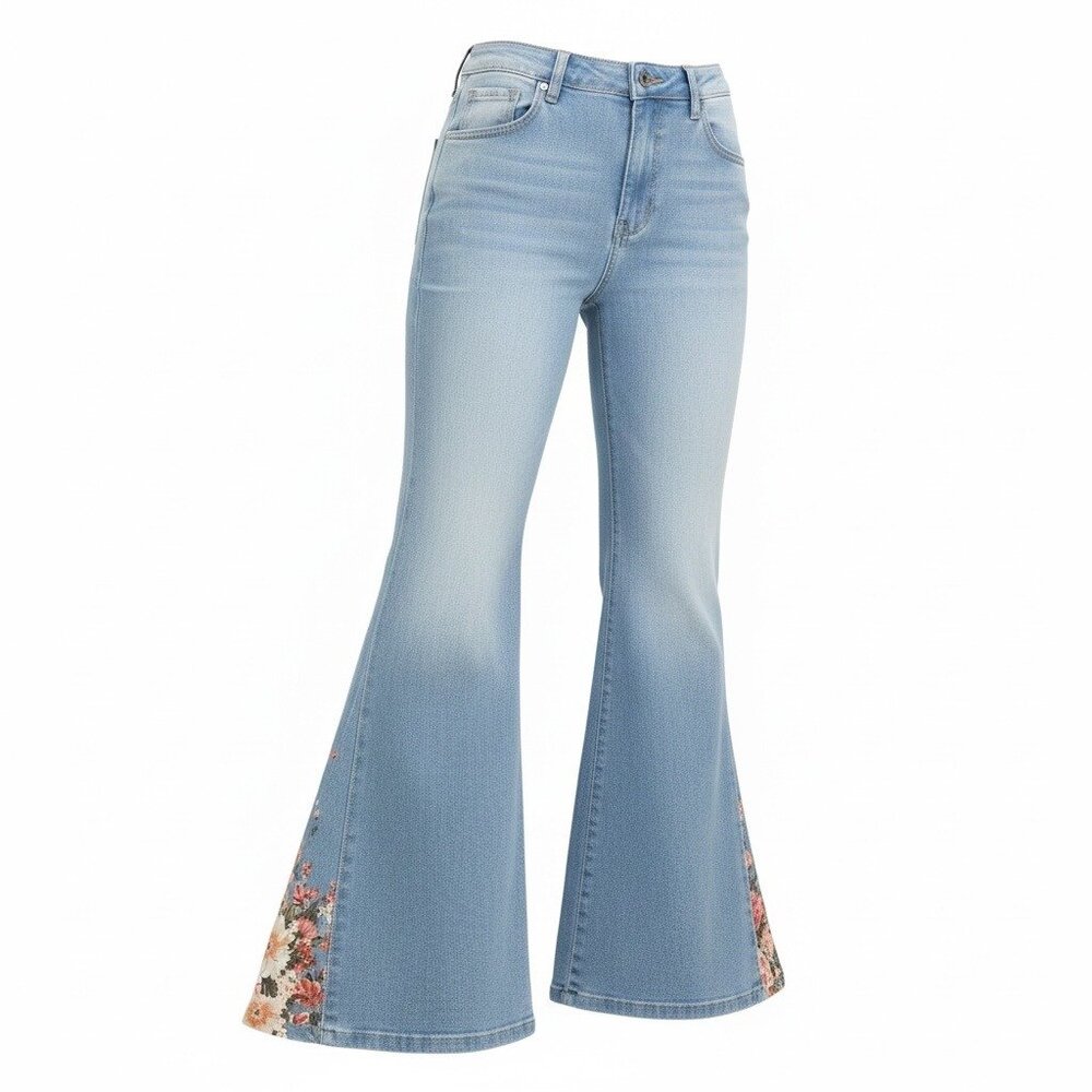 Boho Wide Leg Floral Panel Jeans Light Wash Denim